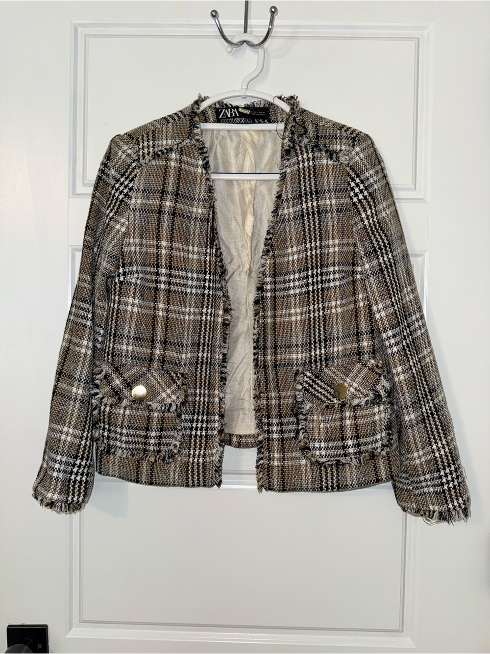 ZARA Brown Plaid Tweed Fringe Blazer Jacket